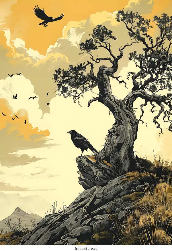 Black Crow on a Tree in the Mountain Landscape