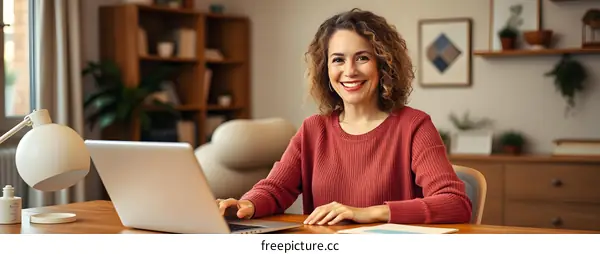 Smiling Woman Working on Laptop in Home Office