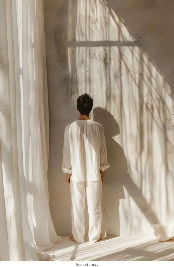Woman in White Pajamas Standing Near Window with Sunlight