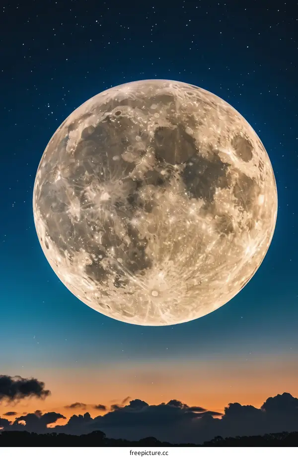 A large moon rising over the horizon with a starry sky