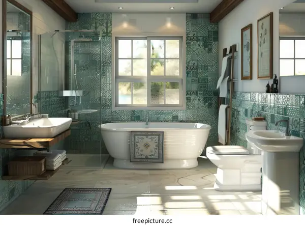 Rustic Green Tile Bathroom Interior Design