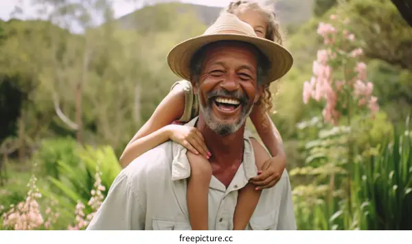 Happy grandfather carrying his granddaughter on his back in the garden