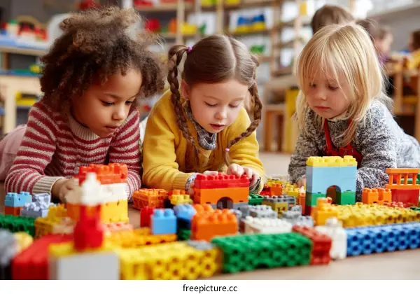 Three Children Playing with Colorful Building Blocks