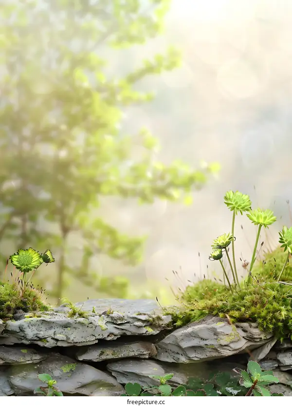 Stone Wall with Green Moss and Flowers
