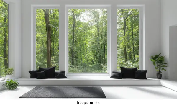 Modern Interior with Large Windows and Forest View