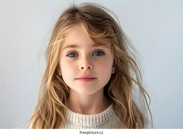 Portrait of a Young Girl with Blonde Hair and Blue Eyes