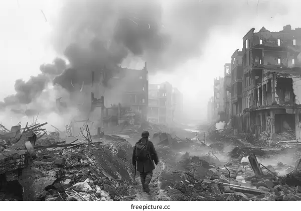 A soldier walking through a destroyed city during World War II