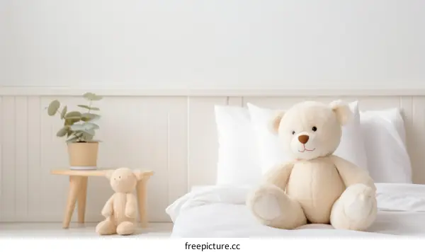 A cute teddy bear sitting on a bed with a plant in the background
