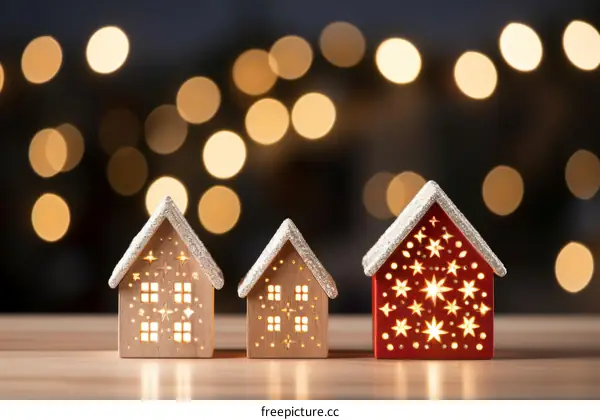 Three Miniature Wooden Houses with Warm Lights on a Table Against Twinkling Lights