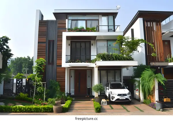 Modern White and Brown House With Green Landscaping