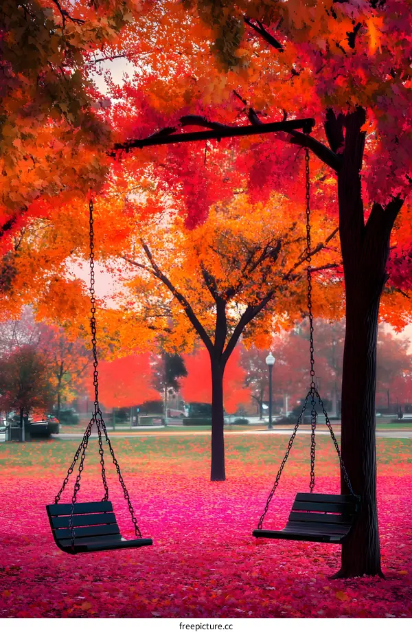 Empty Swings Under Autumn Leaves