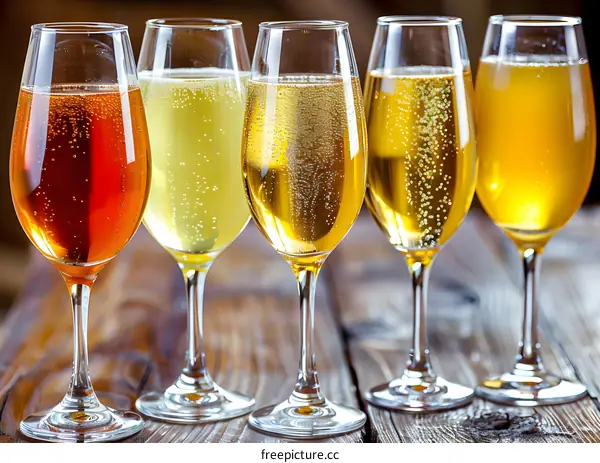 Five Glasses of Sparkling Cider on Wooden Table