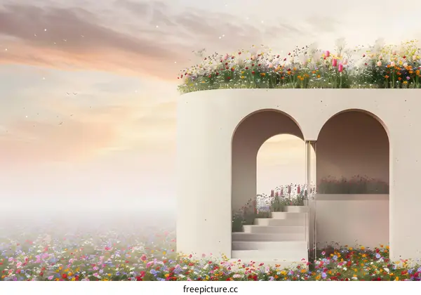 White Arched Building with a Flower Garden on Top