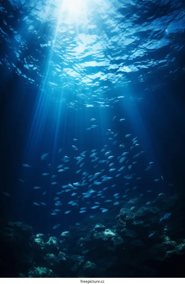 Underwater world with colorful fish swimming over a coral reef illuminated by sunlight