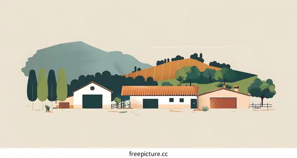 Farmhouse Illustration with Mountains and Trees