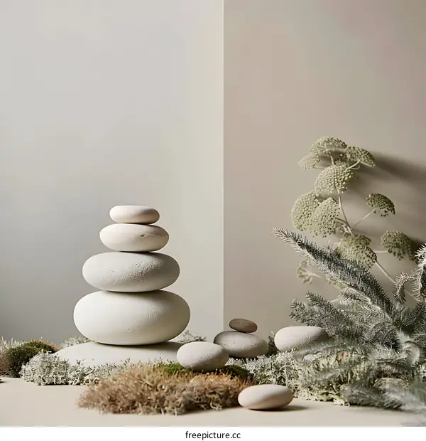 Stack of Stones with Greenery and Minimalist Background