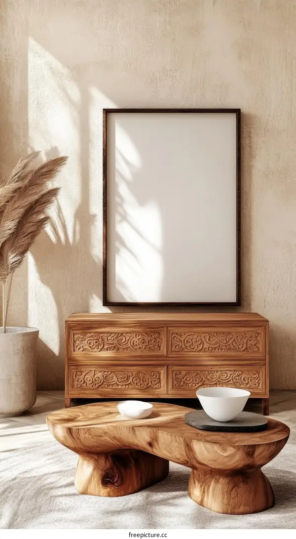 Bohemian Living Room Interior Mockup with Wooden Furniture