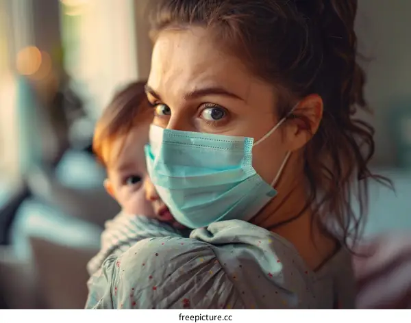 Mother and baby wearing surgical masks
