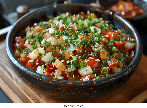 Closeup of a bowl of chopped salad with sesame seeds and scallions