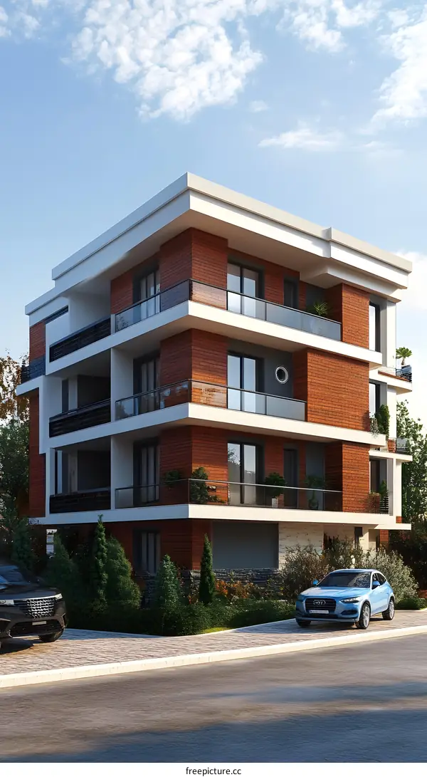 Modern Brick Building with Balcony and Car