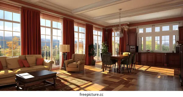 Living Room Interior Design with Large Windows and Wood Floors