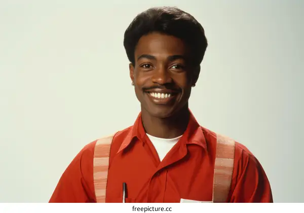 A smiling African-American man wearing a red shirt and suspenders