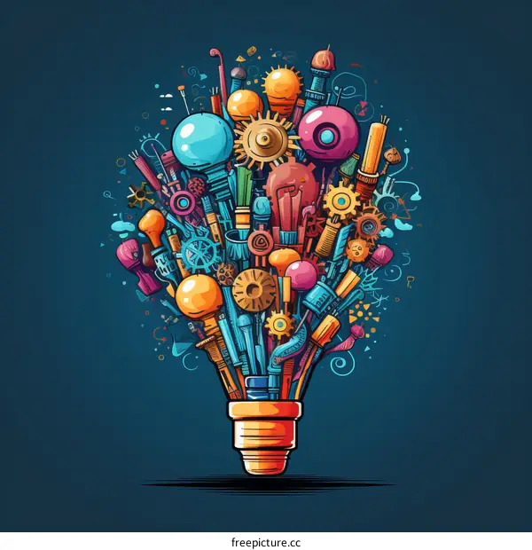 A light bulb made of colorful gears and tools