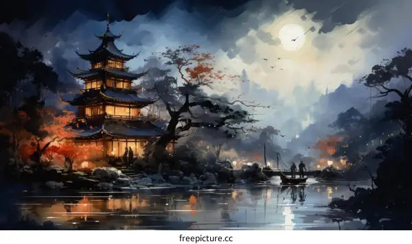 A Traditional Chinese House near a River with a Full Moon and Birds Flying Overhead