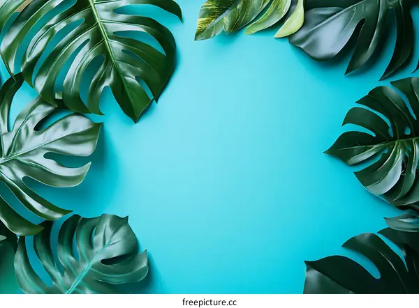 Tropical Green Leaves Frame on Blue Background