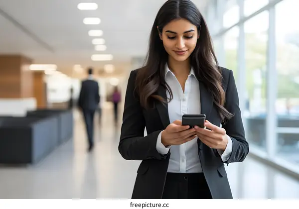 Businesswoman using smartphone in office building
