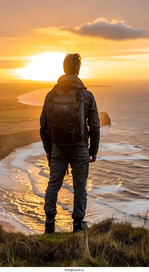Man with Backpack Looking at Sunset Over Ocean