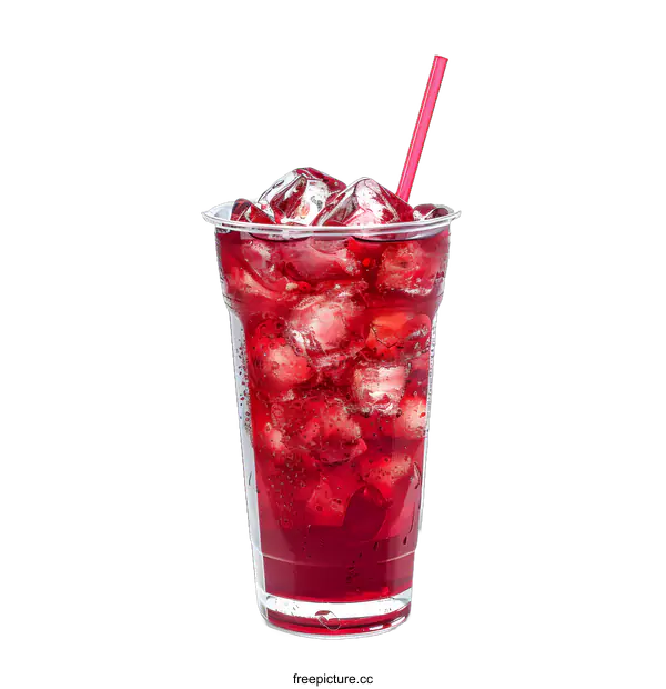 [Transparent Background PNG]Cold Red Drink with Ice Cubes in a Plastic Cup