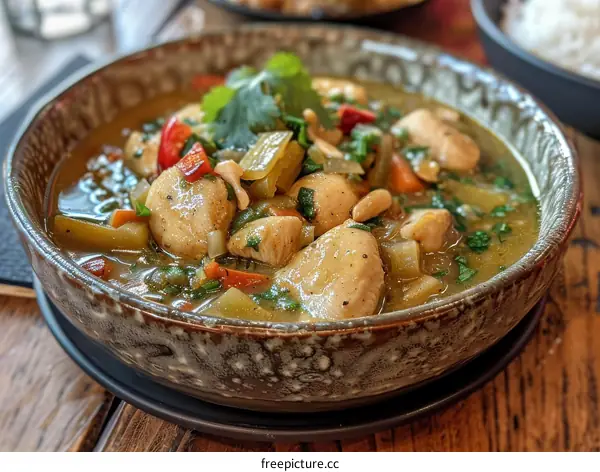 A delicious bowl of Thai green curry with chicken, vegetables, and peanuts.