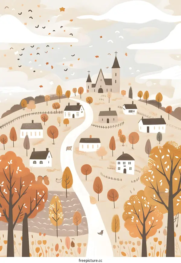 Autumn Village with Church Illustration