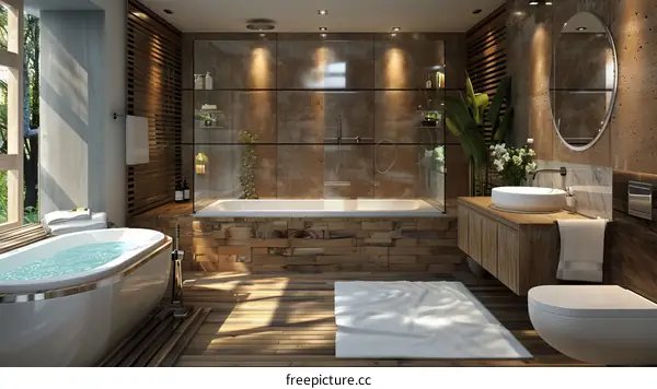 Modern Bathroom With Wooden Wall And Nature View