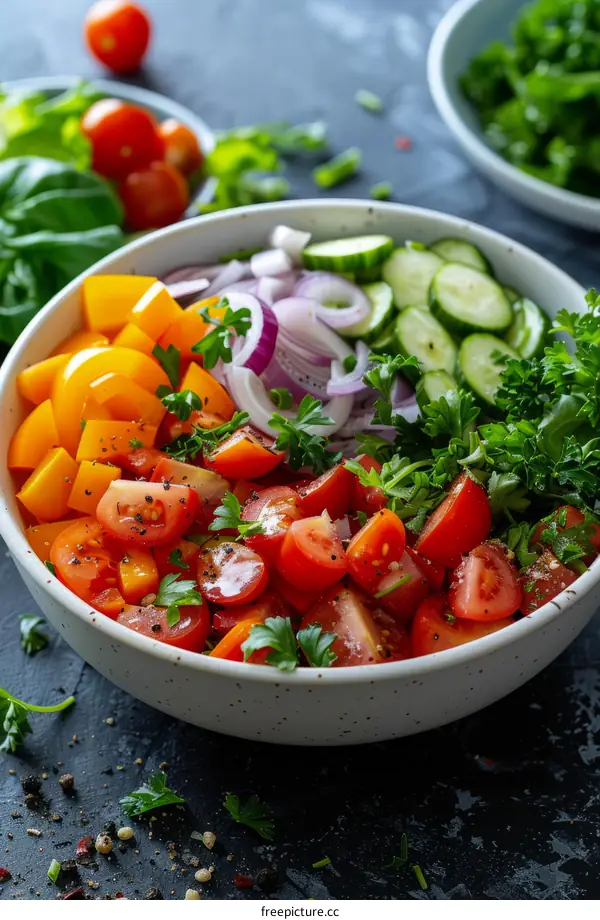 Fresh tomato salad with cucumber, onion and parsley