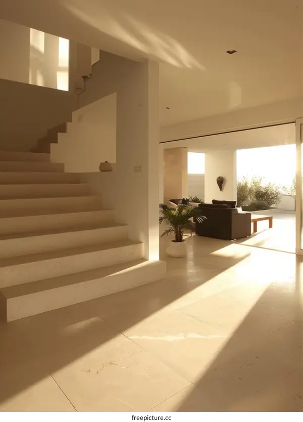 Bright staircase with large windows in modern home