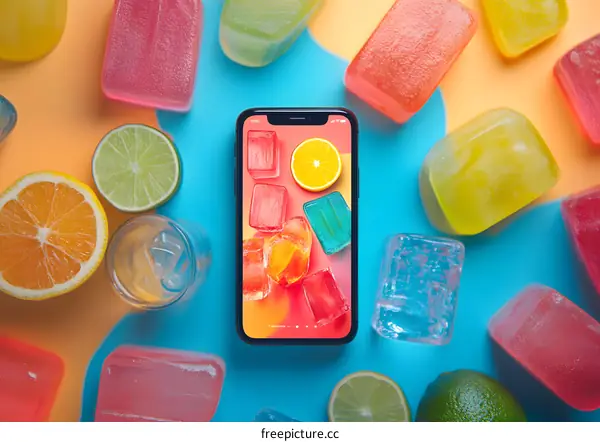 Summer Phone Screen with Ice Cubes, Limes and Oranges