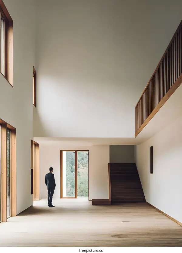 Modern Minimalist Interior Design with Wooden Staircase and Large Windows