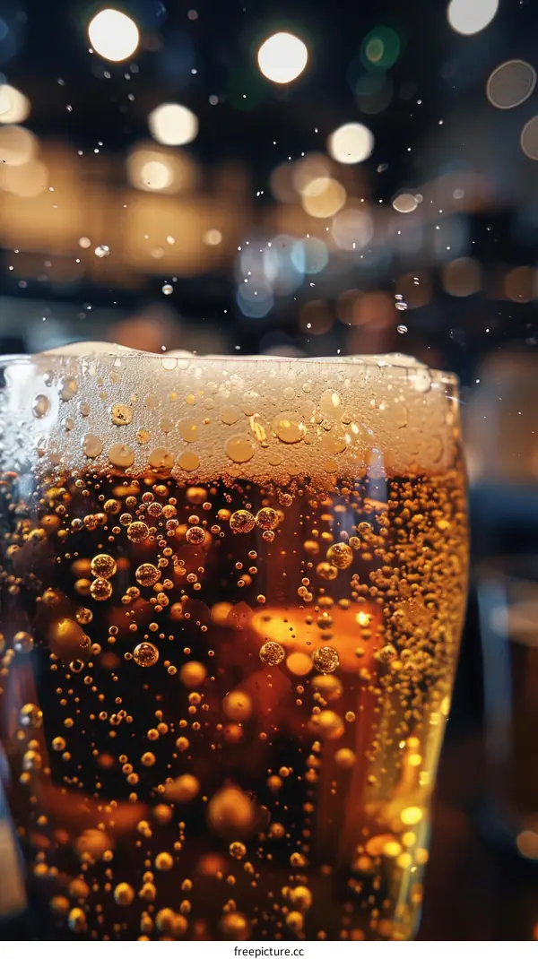 Close-up of a glass of beer with a foamy head