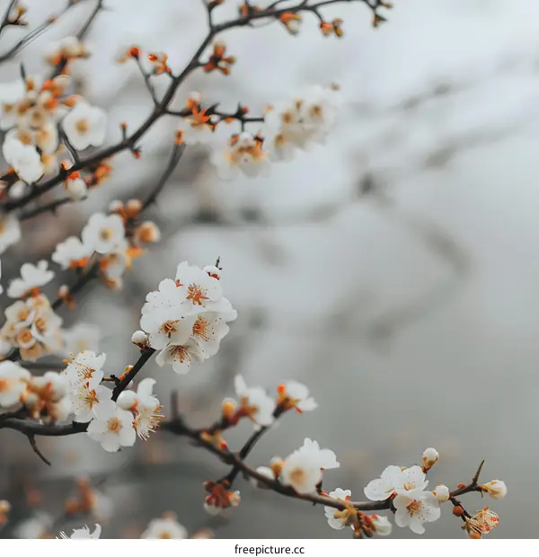 Close Up of Delicate White Flowers Blooming on a Branch