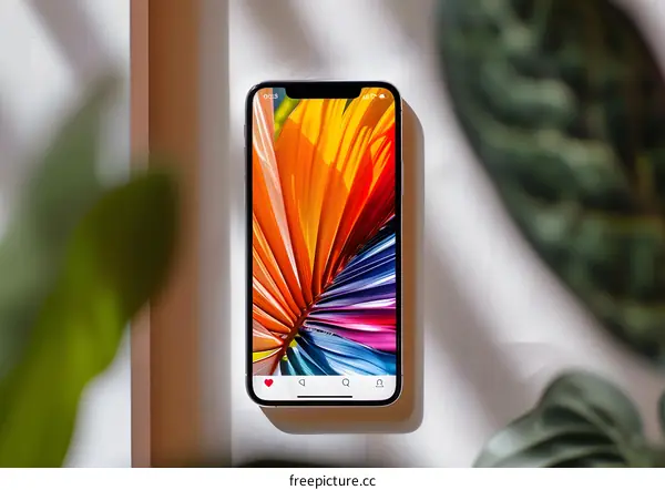 Smartphone On White Table With Colorful Leaf Pattern Background