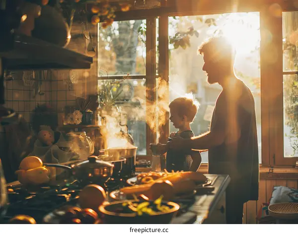 Father and son cooking together in the kitchen