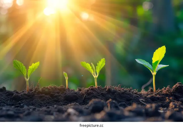 Close up of a young green plant growing in soil with sunlight in the background