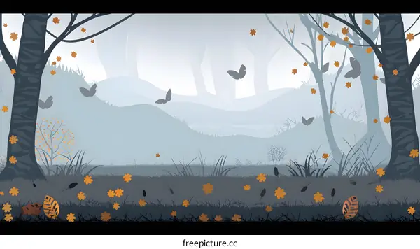 Autumn Forest Landscape Illustration with Falling Leaves