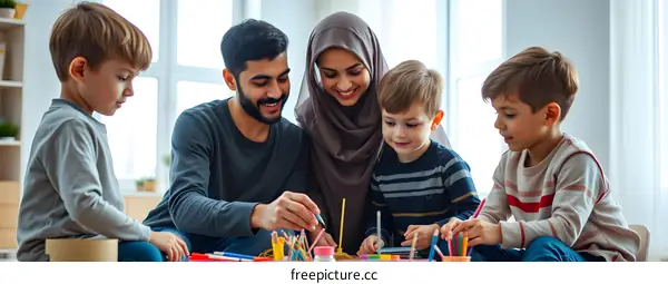 Happy Muslim Family Drawing Together