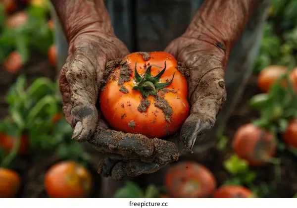 Farmer holding a tomato in his hands