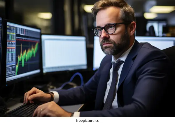 Male stock trader analyzing financial data on multiple computer monitors