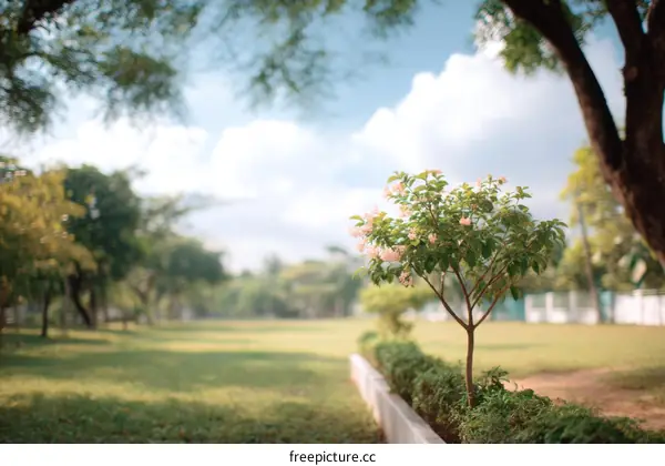 Park Landscape with Small Tree and Flowers