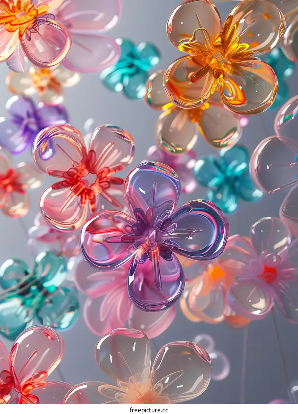 A 3D rendering of colorful glass flowers